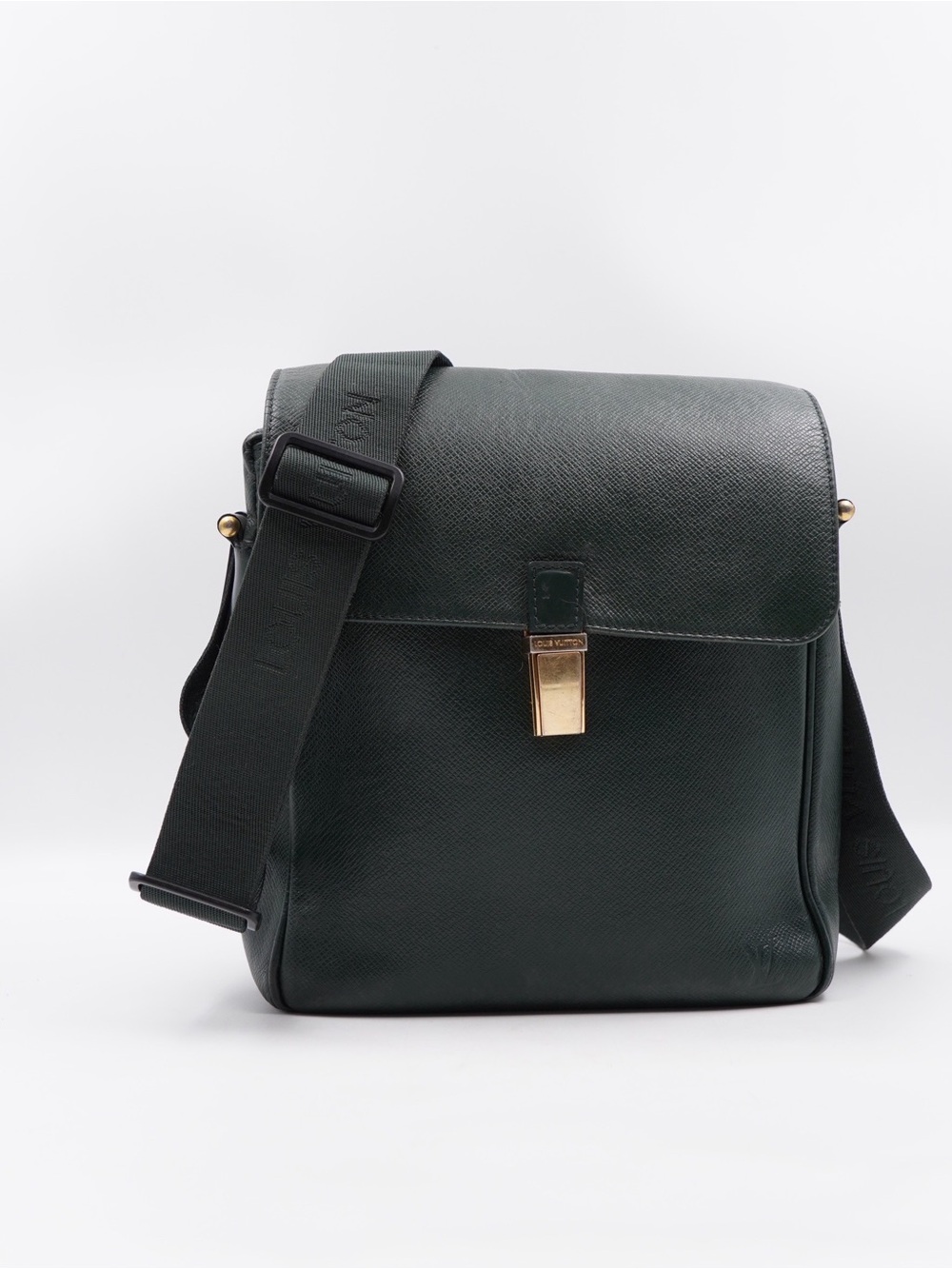 Dark Green Leather Messenger Bag with Gold Hardware